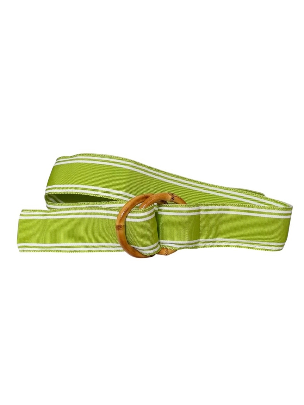 Lime Green and White Grosgrain Ribbon Belt with Bamboo O Ring Buckle